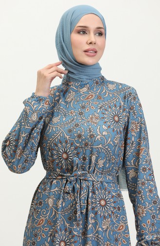 Patterned Belted Dress 0364-01 İndigo 0364-01