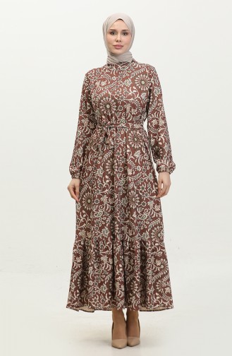 Patterned Belted Dress 0364-02 Brown 0364-02