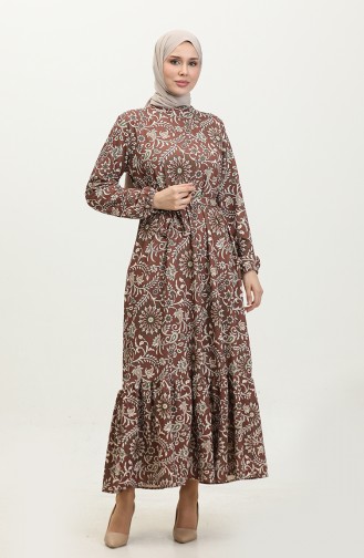 Patterned Belted Dress 0364-02 Brown 0364-02