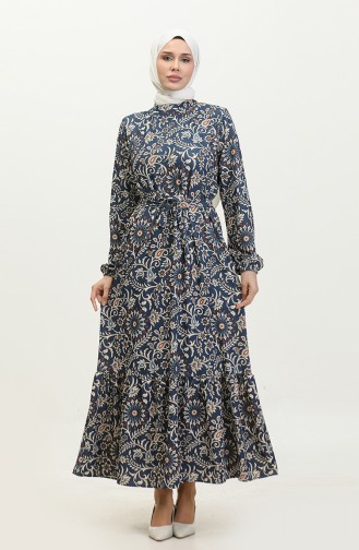 Patterned Belted Dress 0364-03 Navy Blue 0364-03