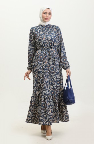 Patterned Belted Dress 0364-03 Navy Blue 0364-03