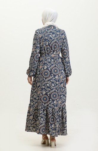 Patterned Belted Dress 0364-03 Navy Blue 0364-03