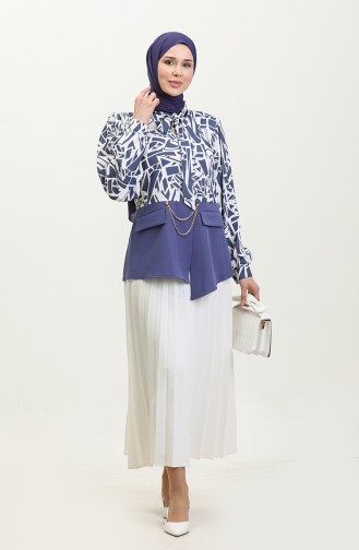 Chain Detailed Patterned Blouse Blue T1692 886