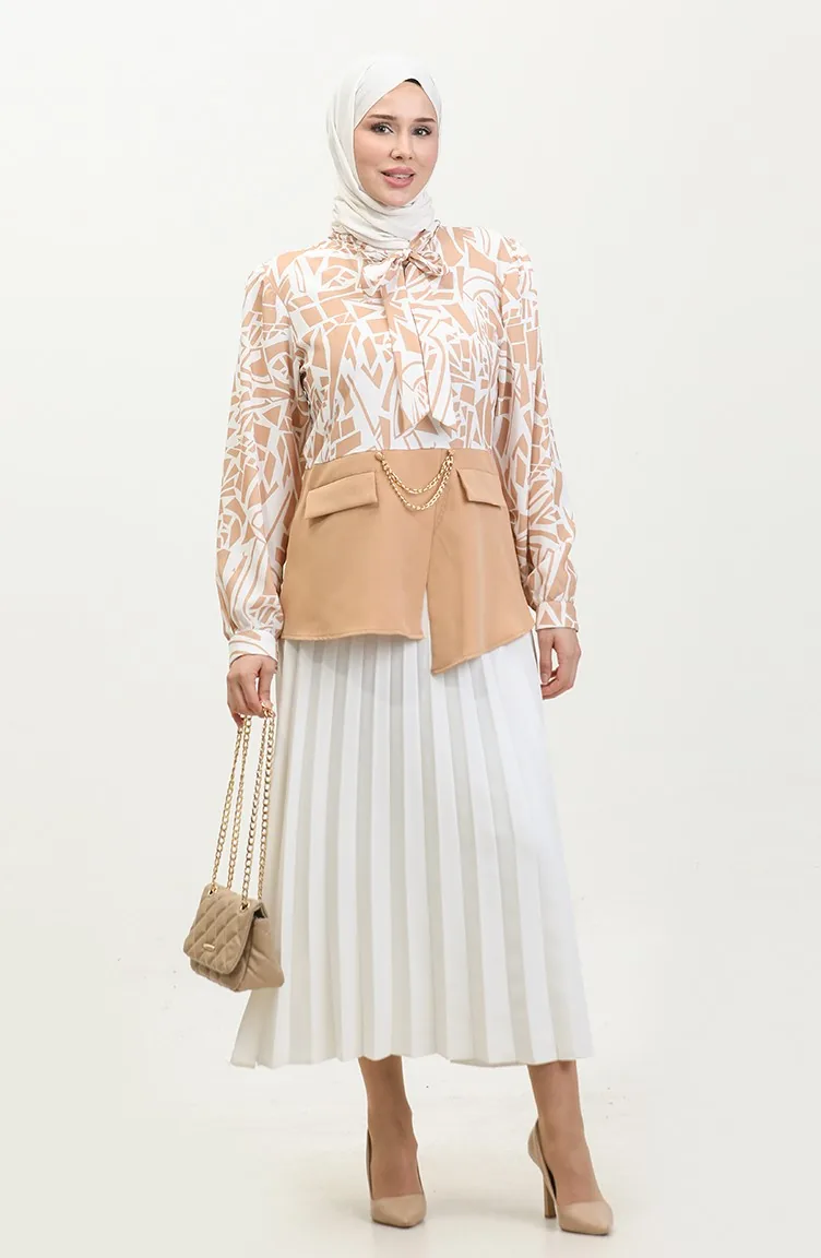 Chemisier à Motifs Détaillés En Chaîne Beige T1692 887
