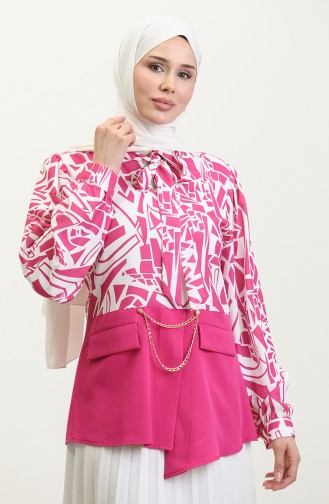 Chain Detailed Patterned Blouse Fuchsia T1692 890