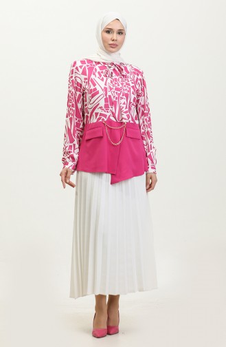 Chain Detailed Patterned Blouse Fuchsia T1692 890
