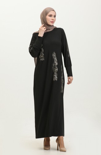 Robe Hijab Noire à Motifs Léopard Grande Taille Pour Femmes 8642 Noir 8642.siyah