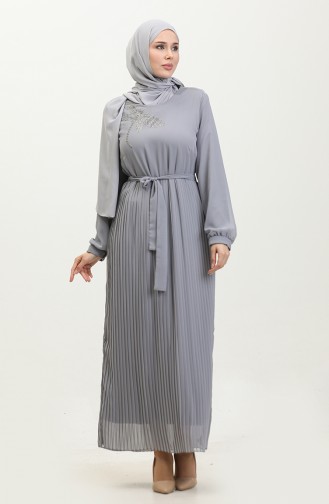 Steindetailliertes Plissiertes Plus-Size-Kleid In Grau 7763 862
