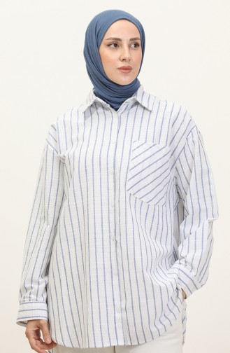 Linen Blended Striped Shirt 4818-01 İndigo 4818-01