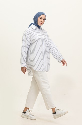 Linen Blended Striped Shirt 4818-01 İndigo 4818-01