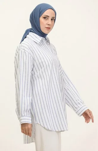 Linen Blended Striped Shirt 4818-01 İndigo 4818-01