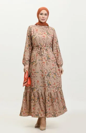 Floral Patterned Belted Dress 0365-01 Mink 0365-01