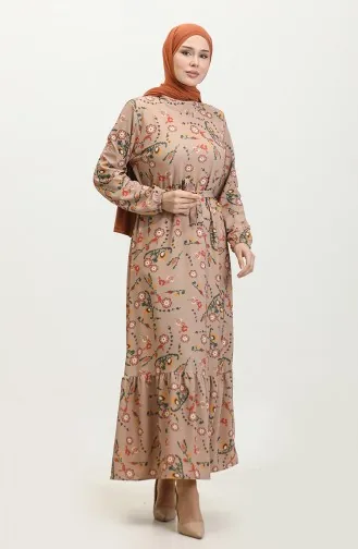 Floral Patterned Belted Dress 0365-01 Mink 0365-01
