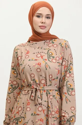 Floral Patterned Belted Dress 0365-01 Mink 0365-01