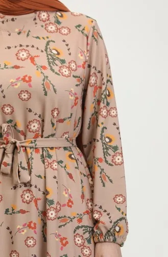 Floral Patterned Belted Dress 0365-01 Mink 0365-01