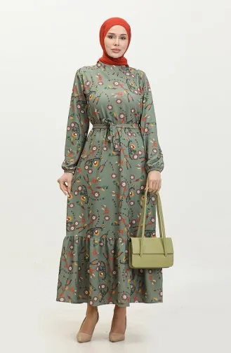 Floral Patterned Belted Dress 0365-02 Khaki 0365-02