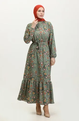 Floral Patterned Belted Dress 0365-02 Khaki 0365-02
