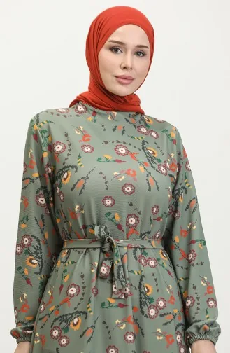 Floral Patterned Belted Dress 0365-02 Khaki 0365-02