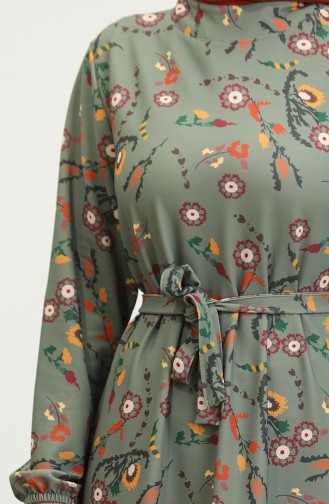 Floral Patterned Belted Dress 0365-02 Khaki 0365-02