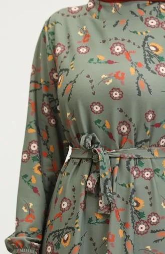 Floral Patterned Belted Dress 0365-02 Khaki 0365-02