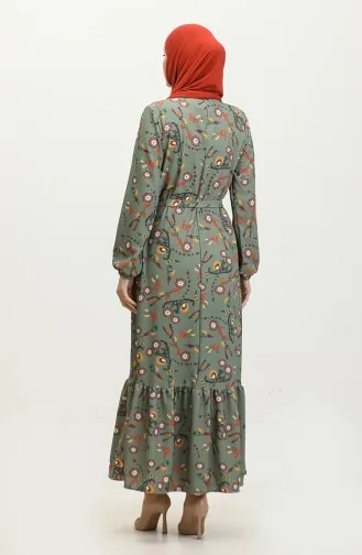 Floral Patterned Belted Dress 0365-02 Khaki 0365-02