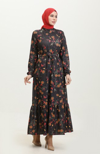 Jurk Met Riem En Bloemenpatroon 0365-03 Zwart 0365-03