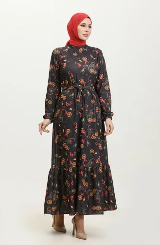 Floral Patterned Belted Dress 0365-03 Black 0365-03