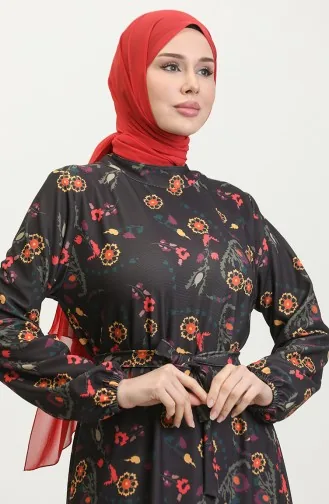 Floral Patterned Belted Dress 0365-03 Black 0365-03