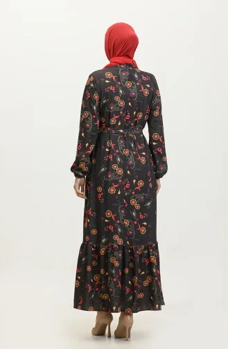 Floral Patterned Belted Dress 0365-03 Black 0365-03