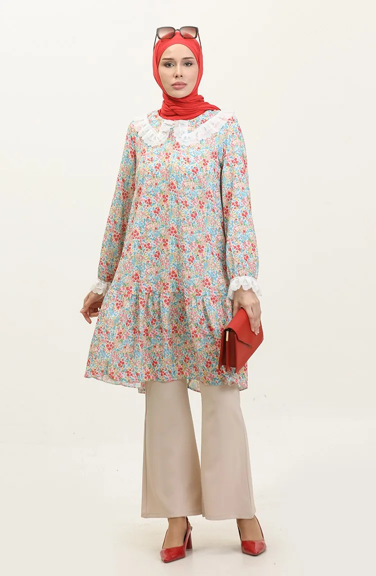 Bebe Yaka Çiçek Desenli Tunik Mavi T1550