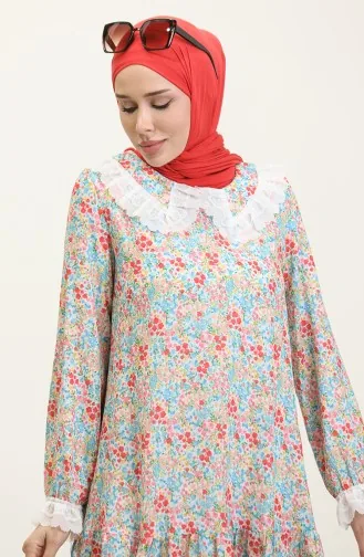 Bebe Yaka Çiçek Desenli Tunik Mavi T1550