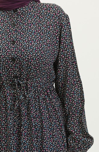 Yarım Düğmeli Desenli Elbise 0368-01 Lacivert
