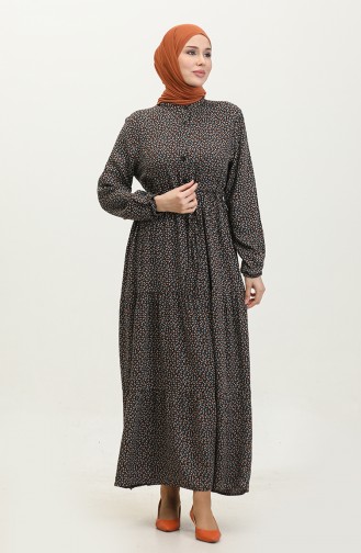 Yarım Düğmeli Desenli Elbise 0368-02 Kahverengi