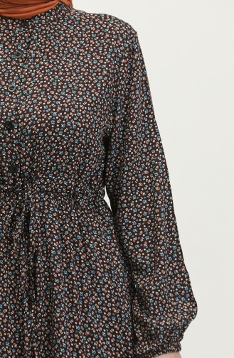 Yarım Düğmeli Desenli Elbise 0368-02 Kahverengi