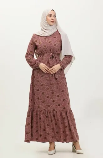 فستان منقوش بحزام 0369-04 أحمر غامق 0369-04
