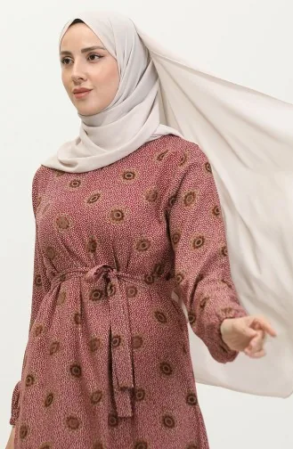 فستان منقوش بحزام 0369-04 أحمر غامق 0369-04