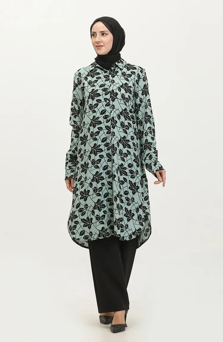 Plus Size Patterned Shirt Tunic 2022d-01 Green 2022D-01