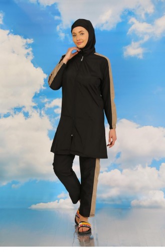 Akbeniz Maillot De Bain Hijab Complet Pour Femme Avec Pantalon Et Manches Rayées Noir 31065 4577