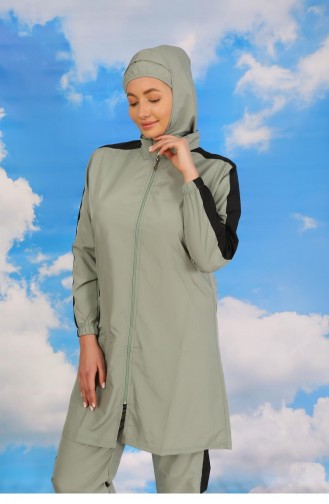 Akbeniz Damen-Voll-Hijab-Badeanzug Mit Hose Und Gestreiften Ärmeln Wassergrün 31065 4578