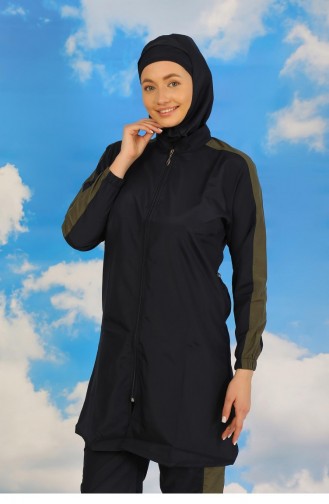 Akbeniz Damen-Voll-Hijab-Badeanzug Mit Hose Und Gestreiften Ärmeln Marineblau 31065 4581