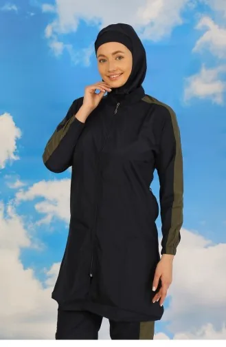 Akbeniz Women`s Full Hijab Swimsuit With Trousers And Striped Sleeves Navy Blue 31065 4581