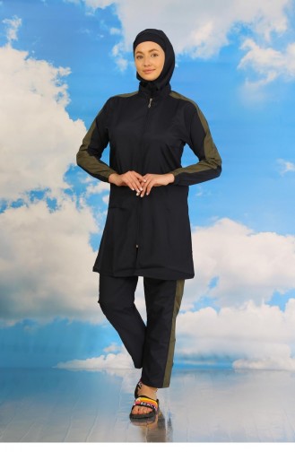 Akbeniz Damen-Voll-Hijab-Badeanzug Mit Hose Und Gestreiften Ärmeln Marineblau 31065 4581