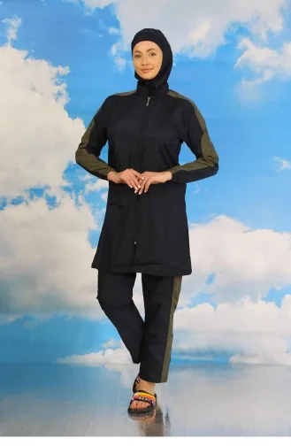 Akbeniz Women`s Full Hijab Swimsuit With Trousers And Striped Sleeves Navy Blue 31065 4581