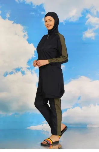 Akbeniz Women`s Full Hijab Swimsuit With Trousers And Striped Sleeves Navy Blue 31065 4581