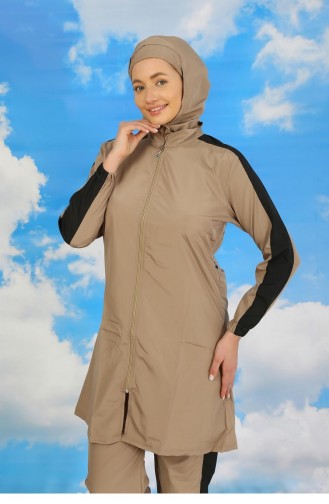 Akbeniz Damen-Voll-Hijab-Badeanzug Mit Hose Und Gestreiften Ärmeln Beige 31066 4582