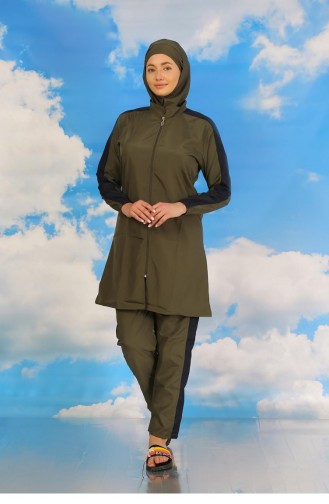 Akbeniz Maillot De Bain Hijab Complet Pour Femme Avec Pantalon Et Manches Rayées Kaki 31066 4583