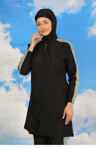 Akbeniz Damen-Voll-Hijab-Badeanzug Mit Hose Und Gestreiften Ärmeln Schwarz 31066 4584