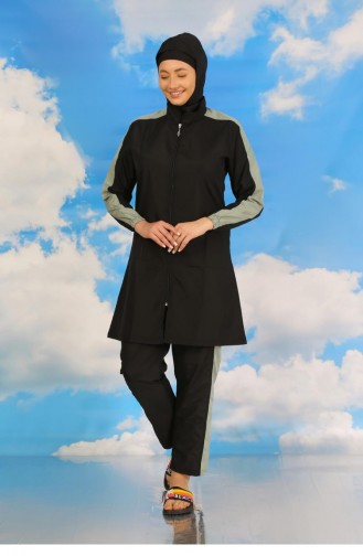 Akbeniz Damen-Voll-Hijab-Badeanzug Mit Hose Und Gestreiften Ärmeln Schwarz 31066 4584