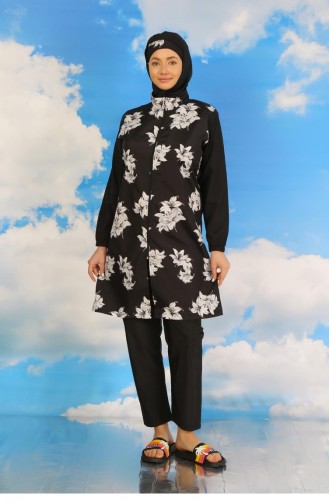 Akbeniz Women`s Patterned Full Hijab Swimsuit With Trousers Black 31070 4586