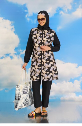 Akbeniz Damen-Badeanzug Mit Durchgehendem Hijab Und Hose Gemustert Marineblau 31070 4587